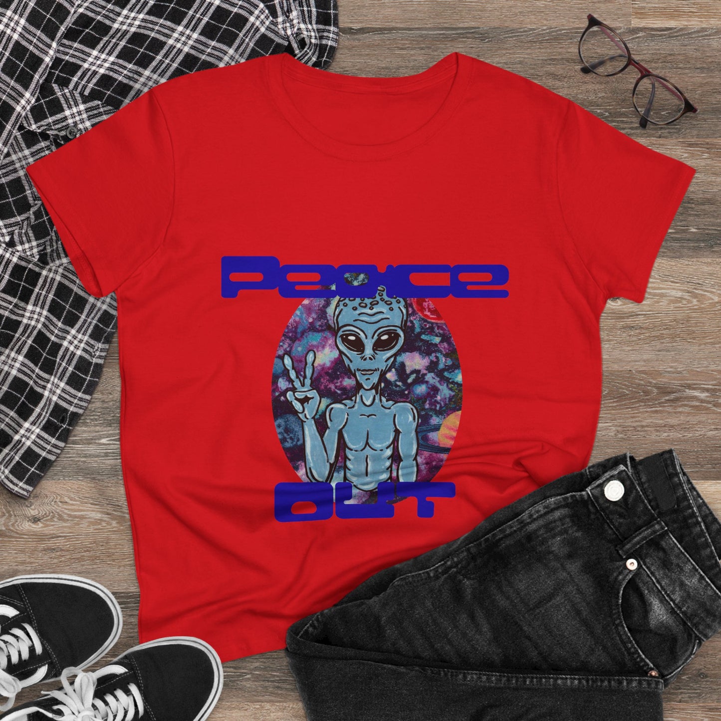 Peace Out Grey Alien Women's Midweight Cotton Tee