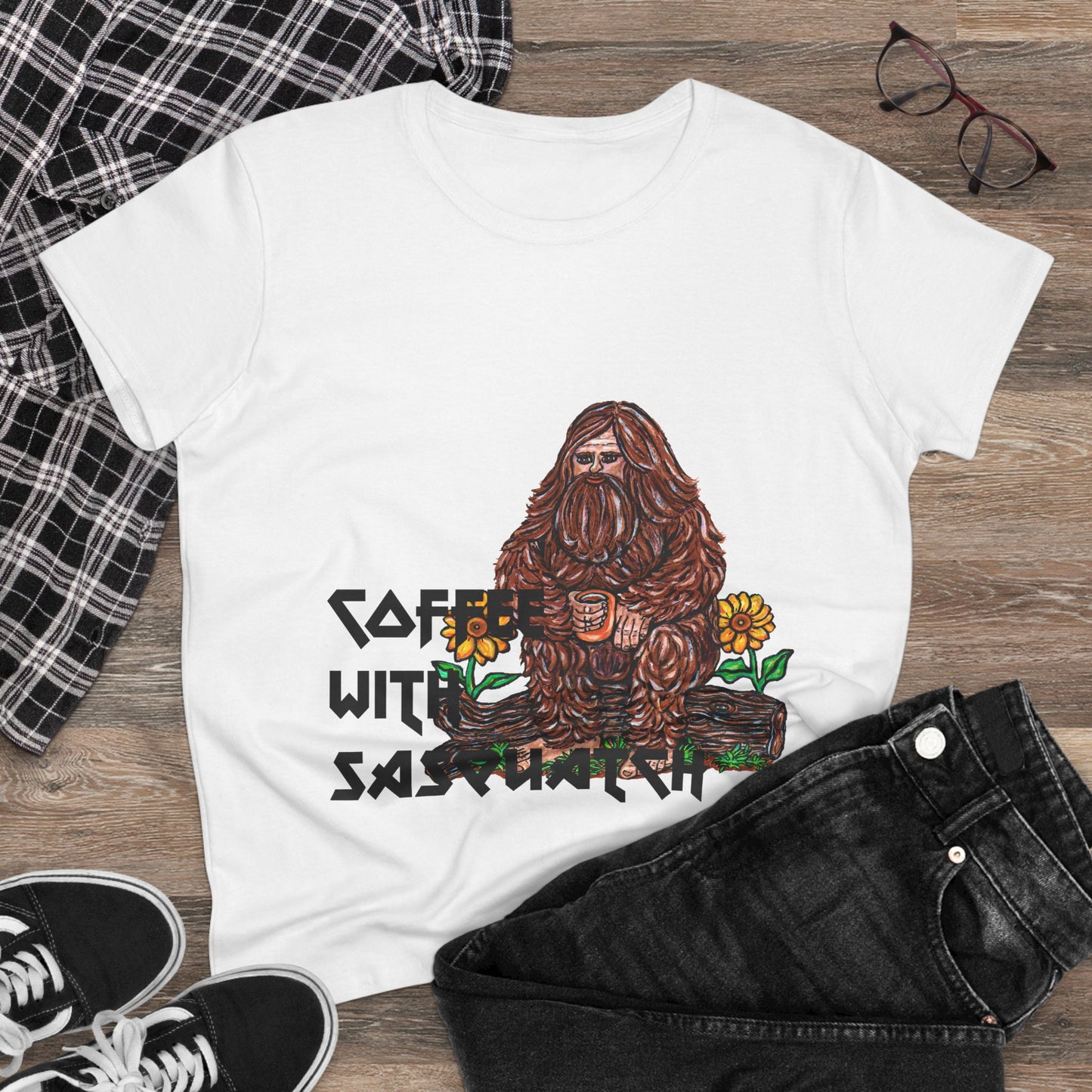 Coffee With Sasquatch Women's Midweight Cotton Tee