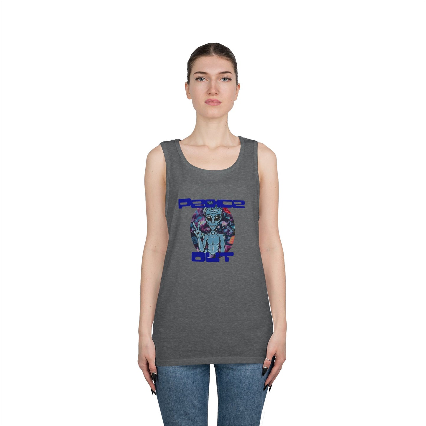 Peace Out Grey Alien Unisex Heavy Cotton Tank Top