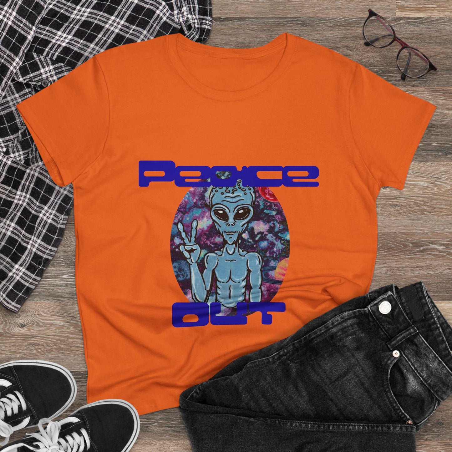 Peace Out Grey Alien Women's Midweight Cotton Tee