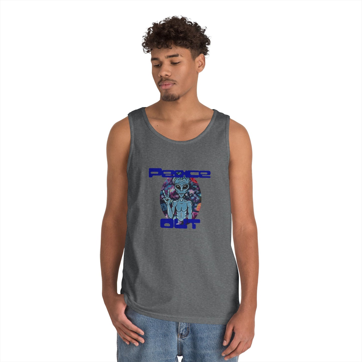 Peace Out Grey Alien Unisex Heavy Cotton Tank Top