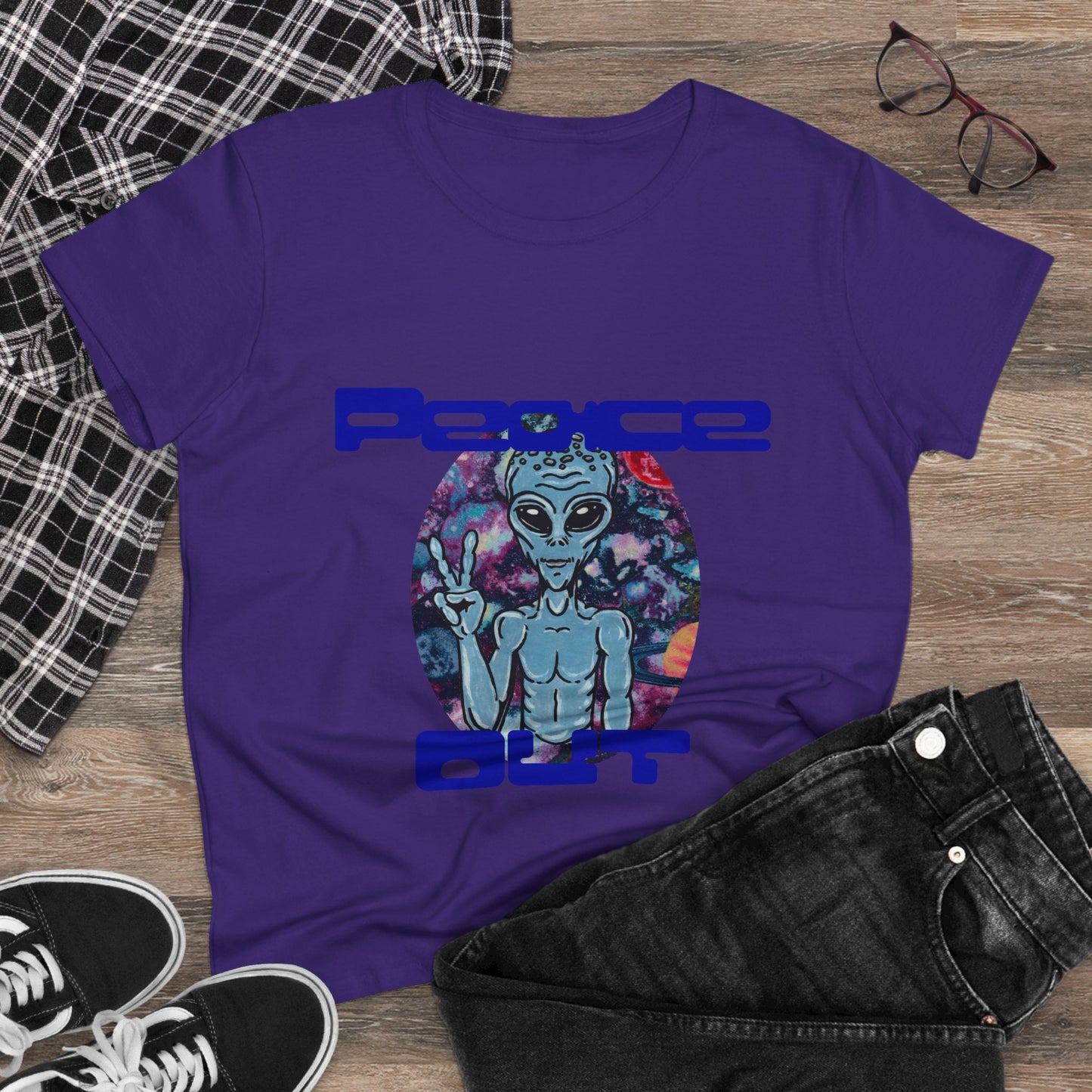 Peace Out Grey Alien Women's Midweight Cotton Tee