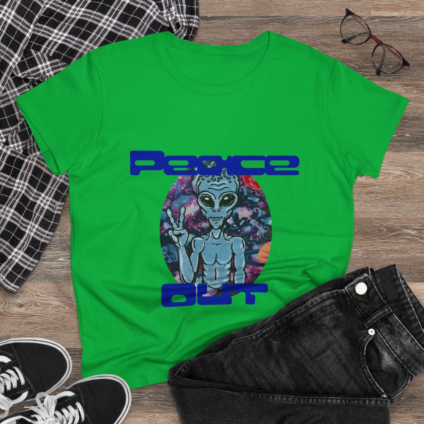 Peace Out Grey Alien Women's Midweight Cotton Tee