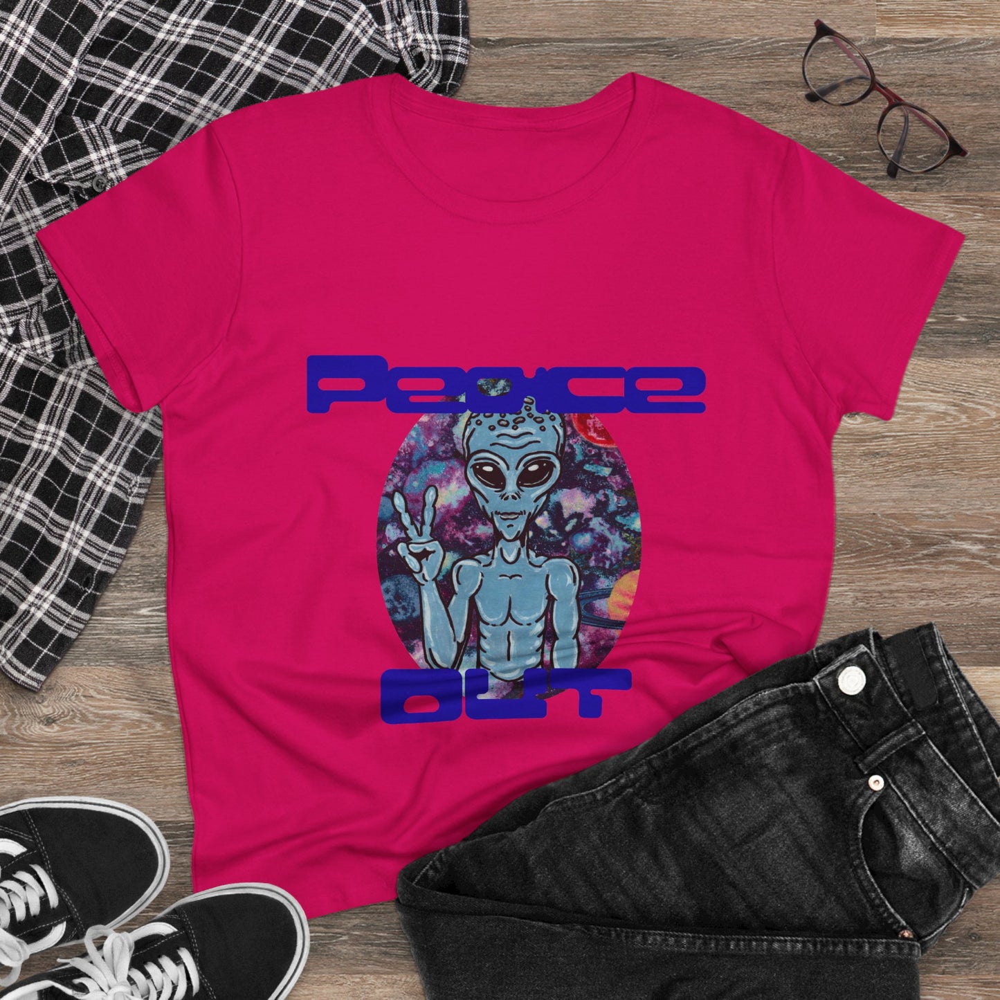 Peace Out Grey Alien Women's Midweight Cotton Tee