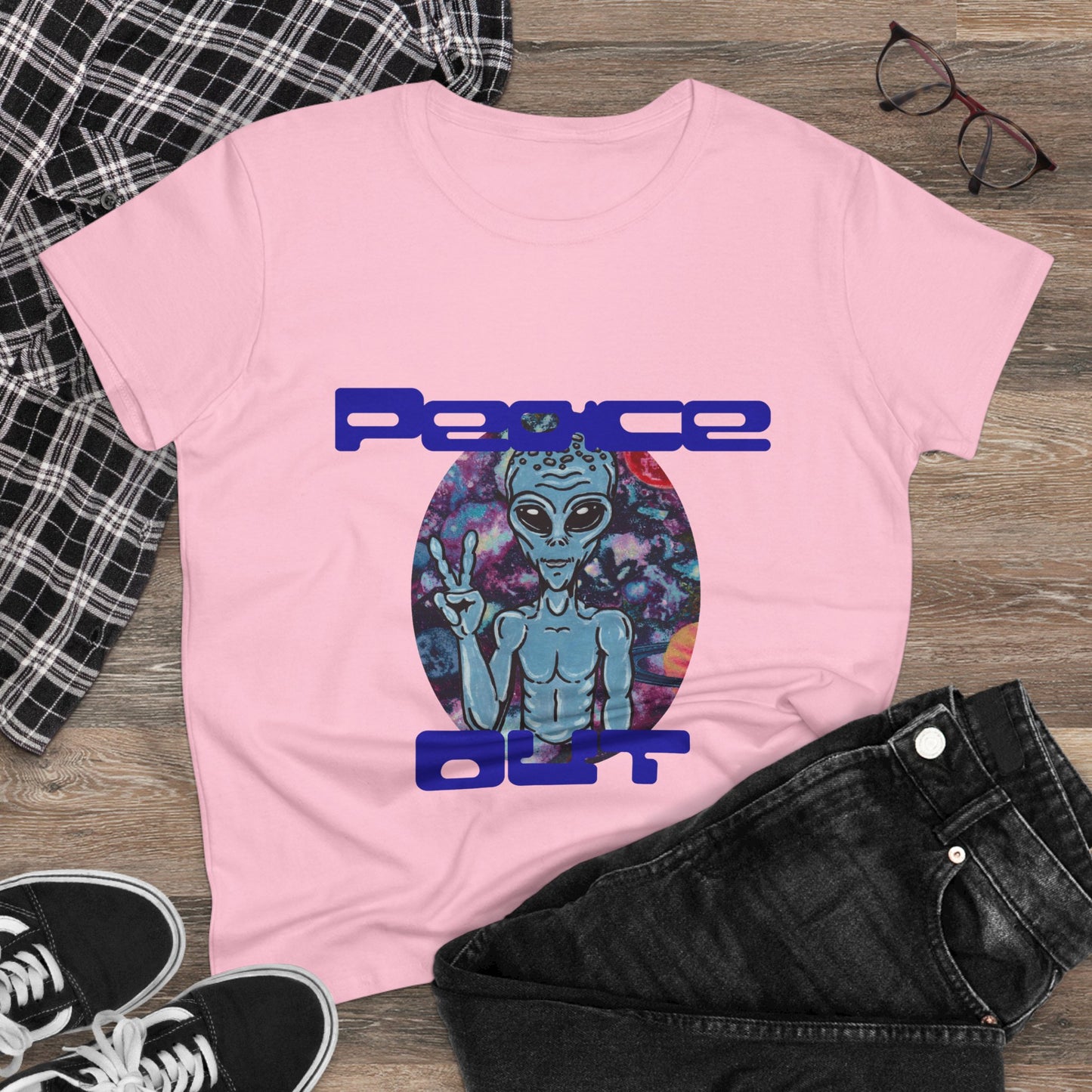 Peace Out Grey Alien Women's Midweight Cotton Tee