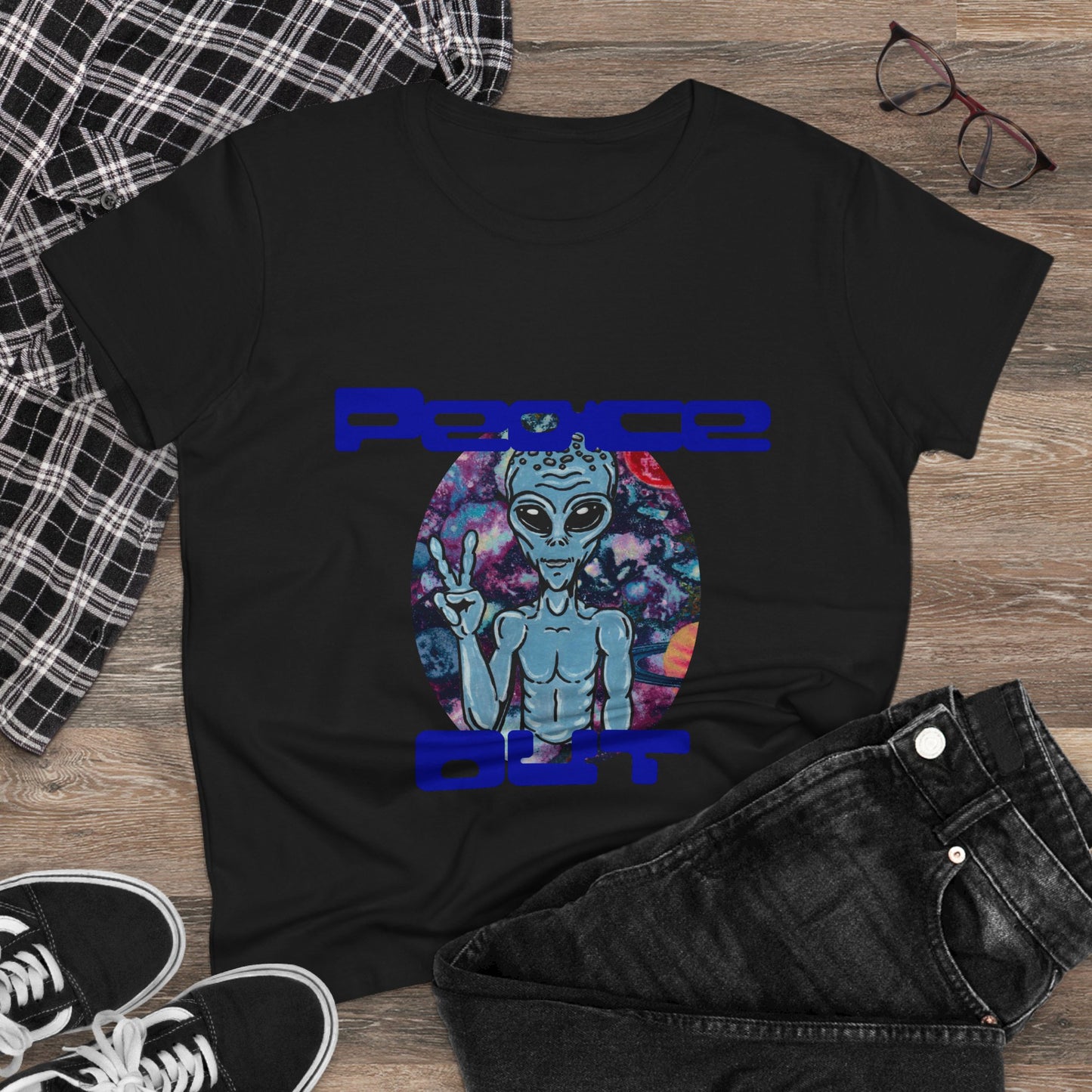 Peace Out Grey Alien Women's Midweight Cotton Tee