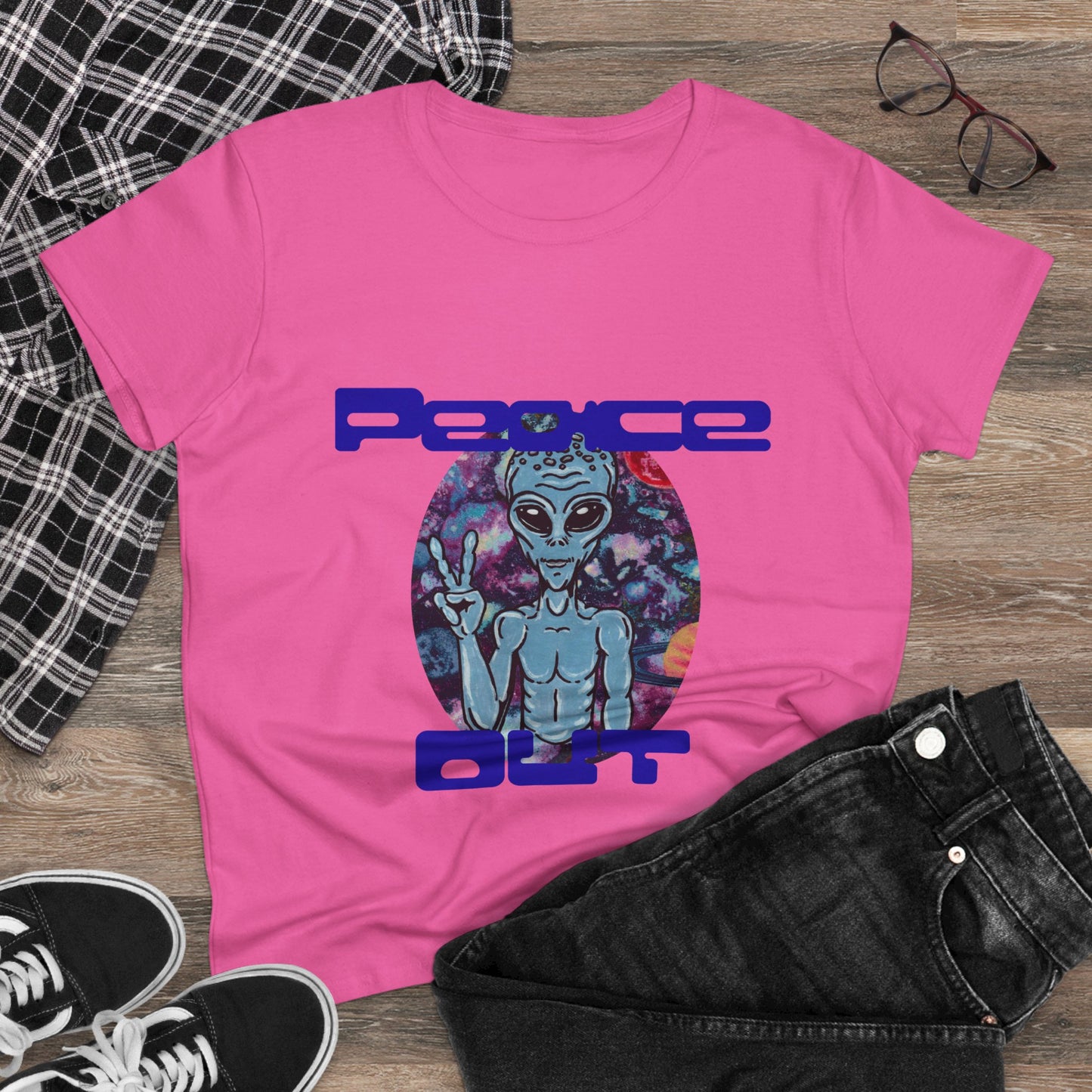 Peace Out Grey Alien Women's Midweight Cotton Tee