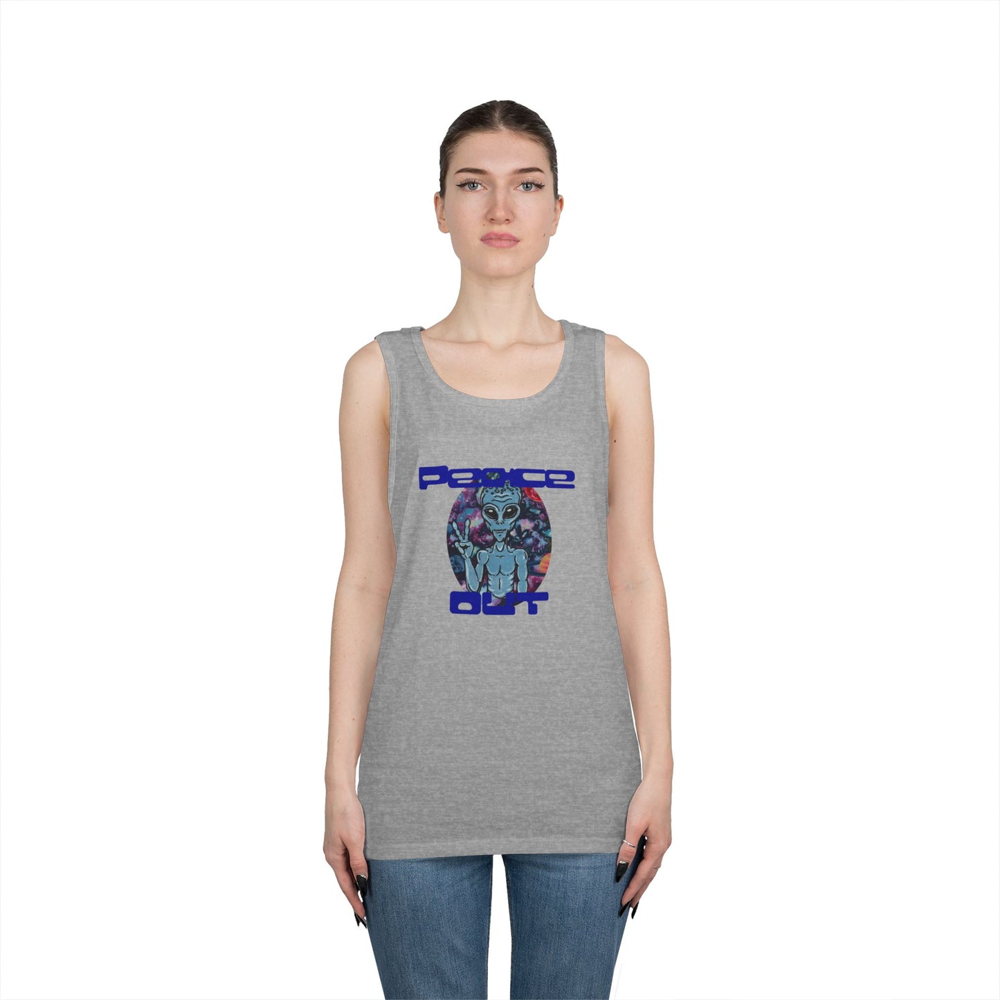 Peace Out Grey Alien Unisex Heavy Cotton Tank Top