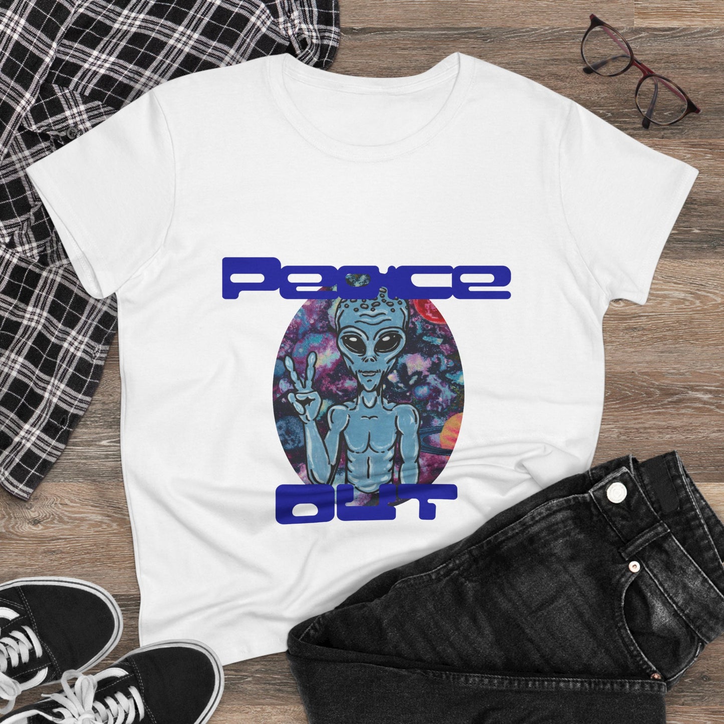 Peace Out Grey Alien Women's Midweight Cotton Tee