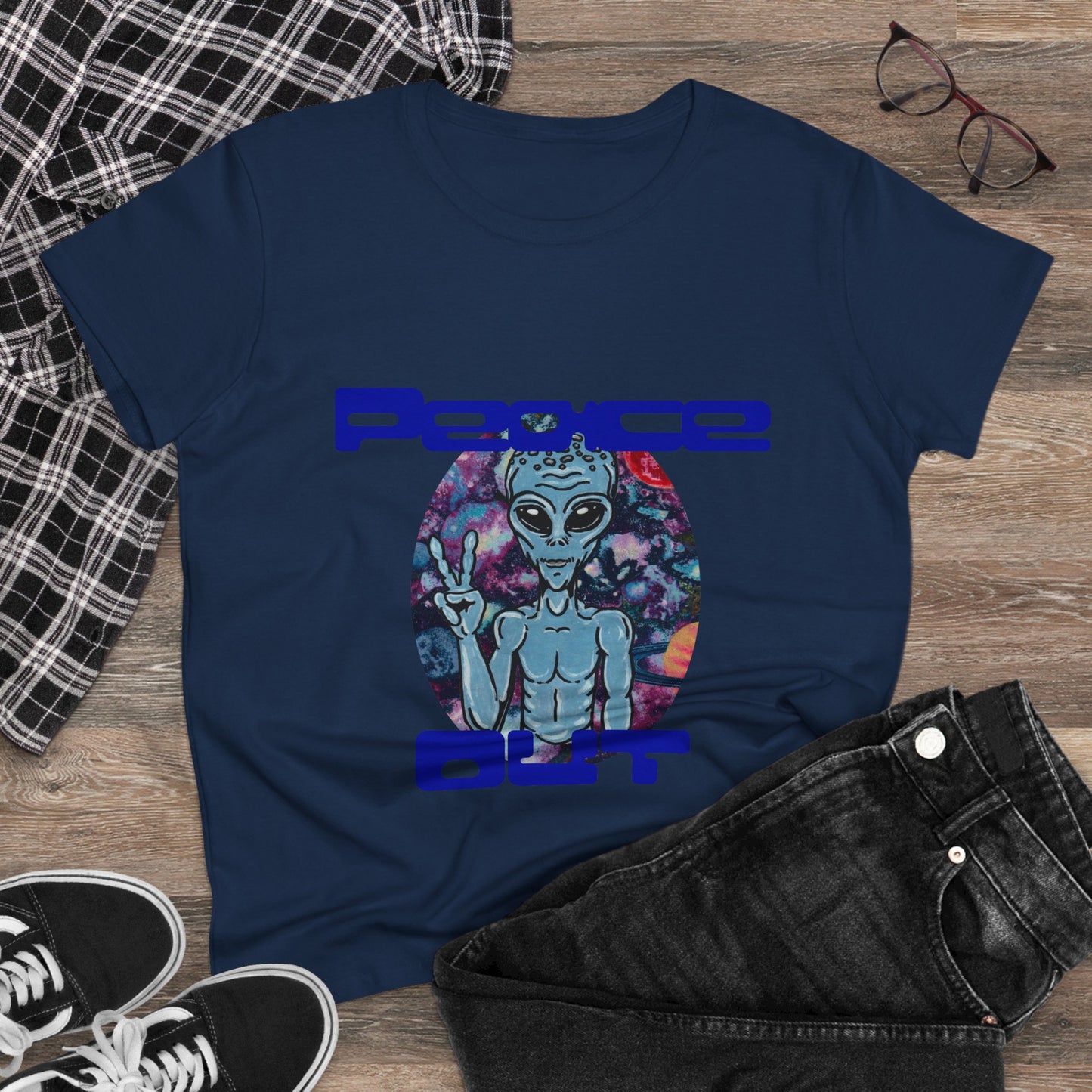 Peace Out Grey Alien Women's Midweight Cotton Tee