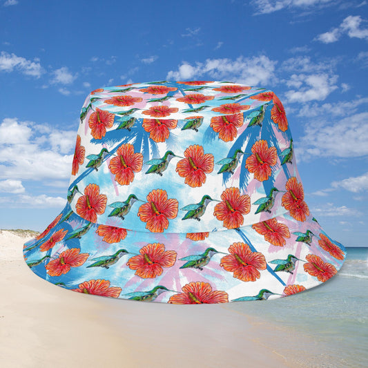 Humming Bird and Hibiscus Reversible bucket hat