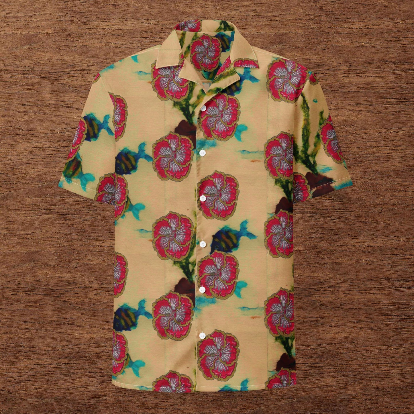 Fish and Hibiscus Unisex button shirt