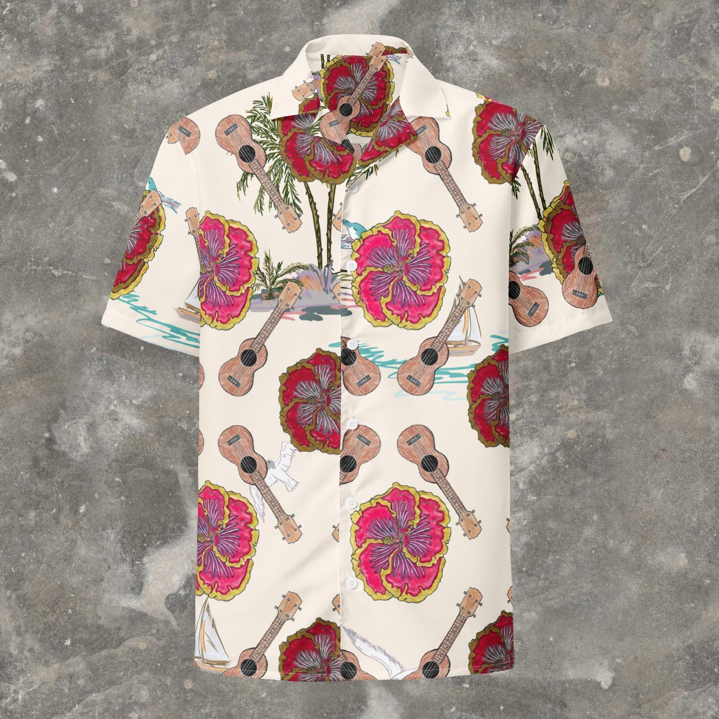 Ukulele and Hibiscus Unisex button shirt