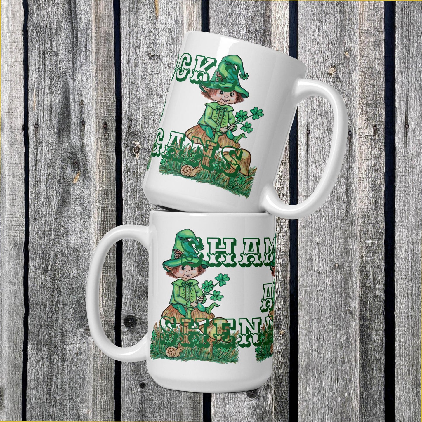 Shamrocks and Shenanigans White glossy mug