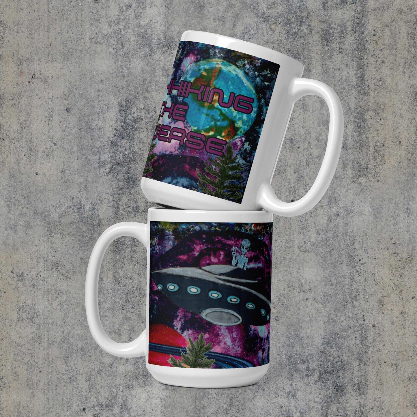 Hitchhiking the Universe 2 White glossy mug