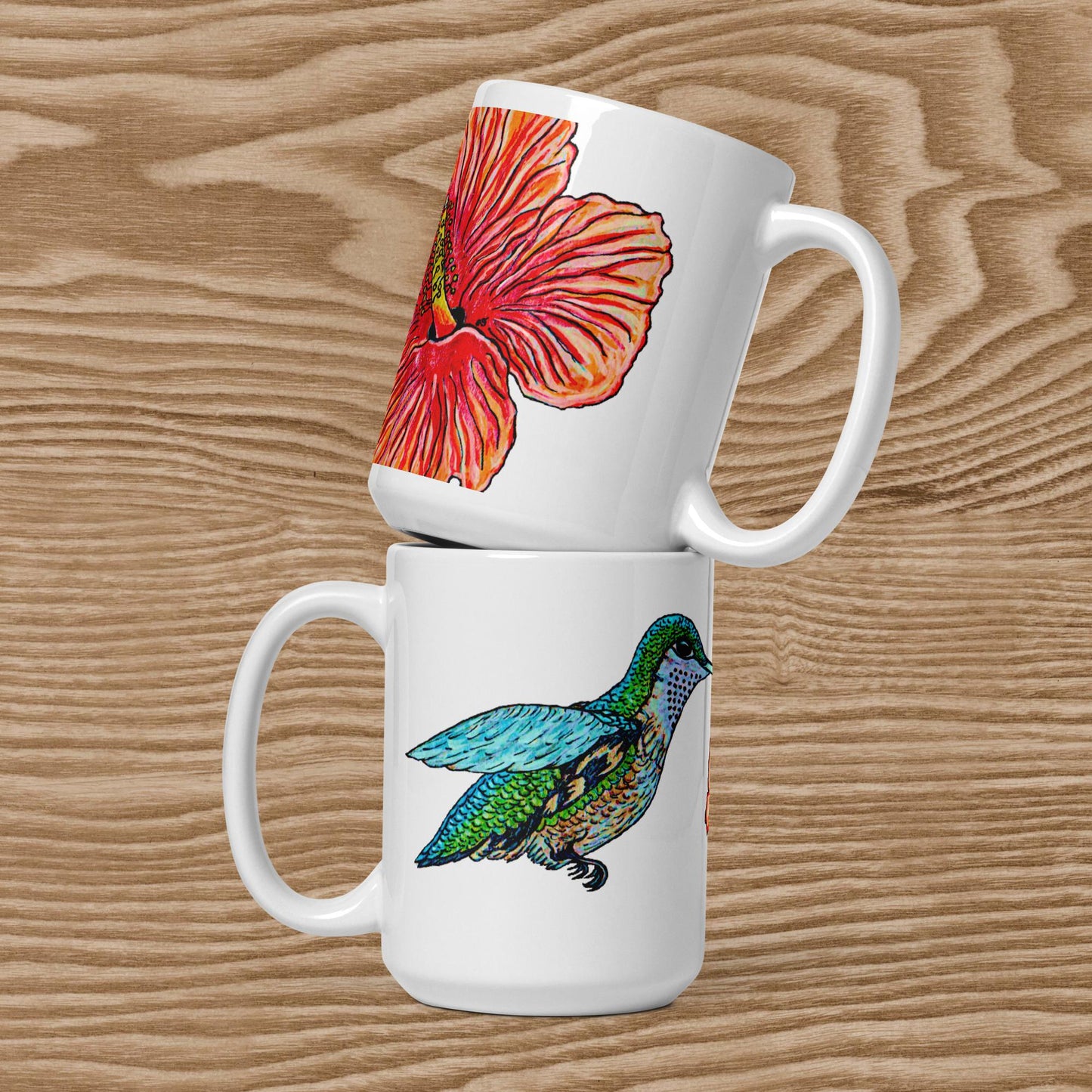 Humming Bird and Hibiscus White glossy mug