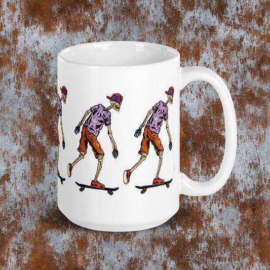 Skater Skeleton White glossy mug